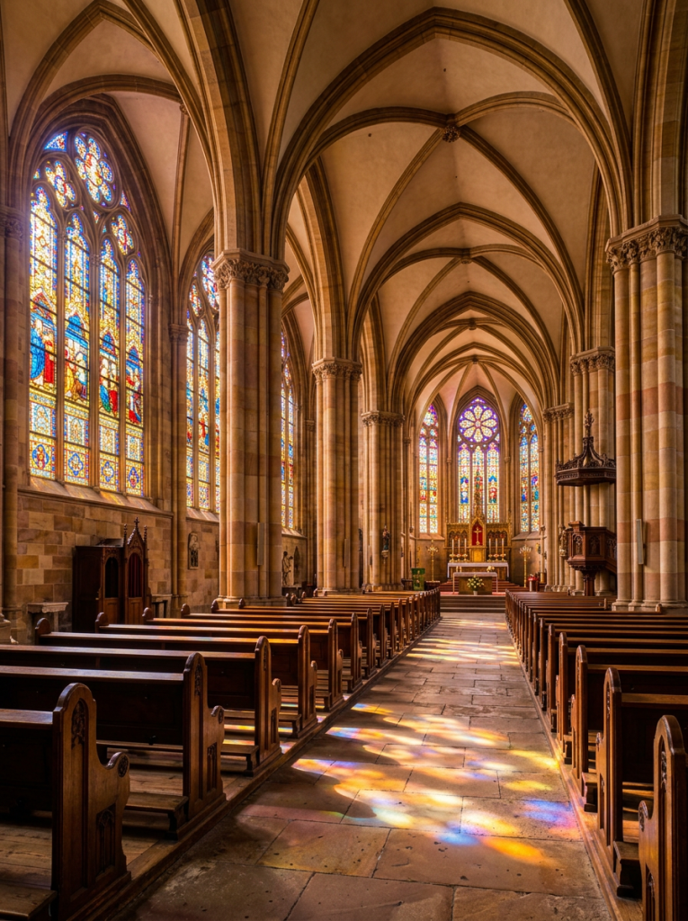 Interior of a gothic cathedral with high arches and colorful stained glass windows