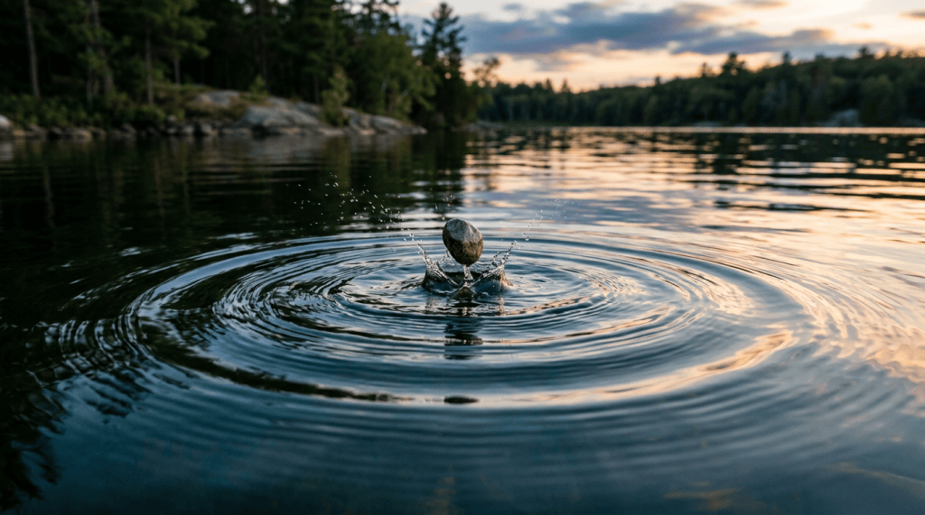 Stone splashing into a lake with concentric ripples at sunset